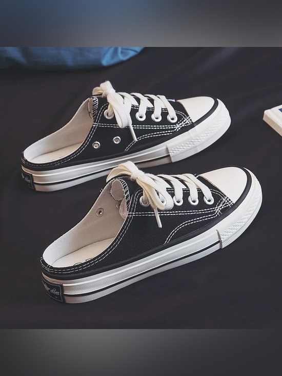 No brand Shoes - Black Canvas Slip-On Mule Sneakers with White Trim